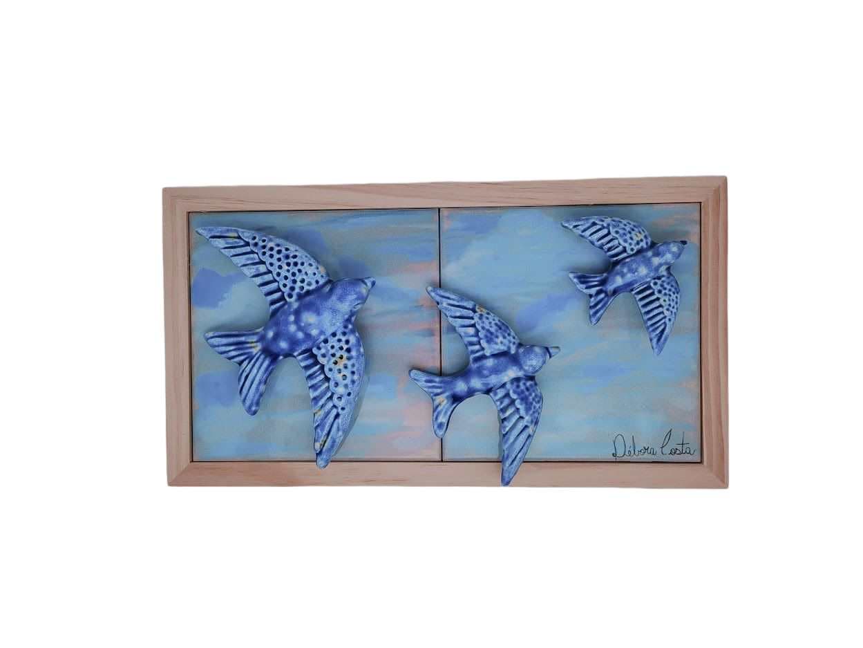 Tableau azulejos et hirondelles en céramique peints à la main, artisanat portugais, réf 15015