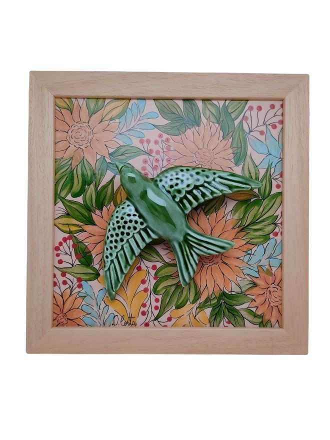 Tableau azulejo peint avec hirondelle céramique verte, artisanat du Portugal, réf 15020