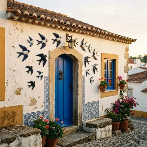 Hirondelles en céramique sur une maison portugaise