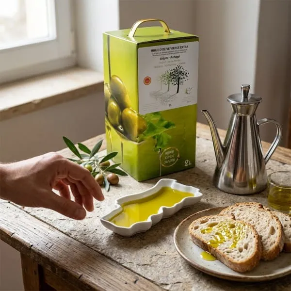 Dégustation d’huile d’olive portugaise avec pain et huilier inox